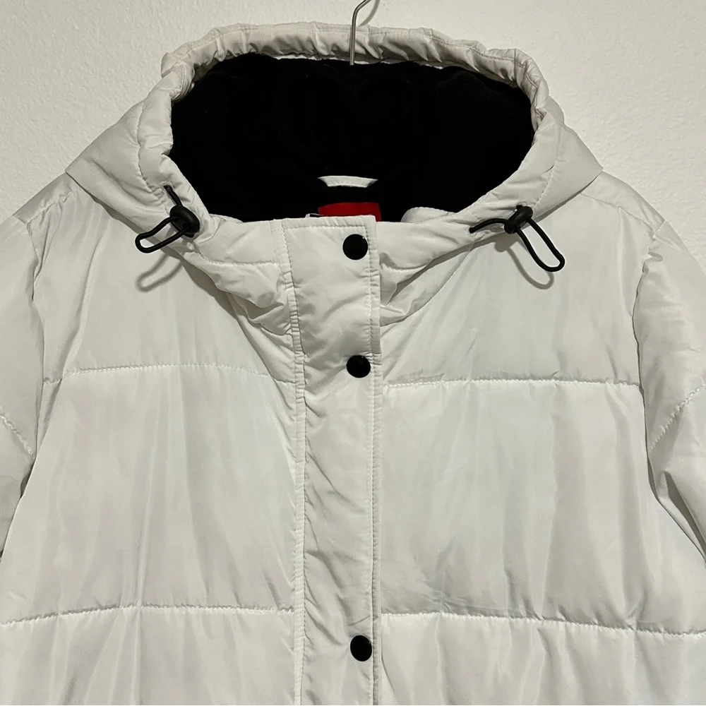 Guess White Black Longline Hooded Zip Button Puffer Jacket / Coat Size XL